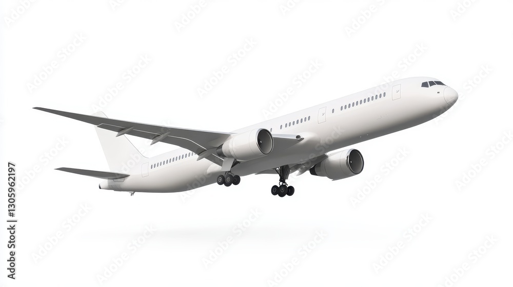 White commercial airplane in dynamic ascent isolated on white, travel concept. White commercial airplane in dynamic ascent isolated on white, travel concept.