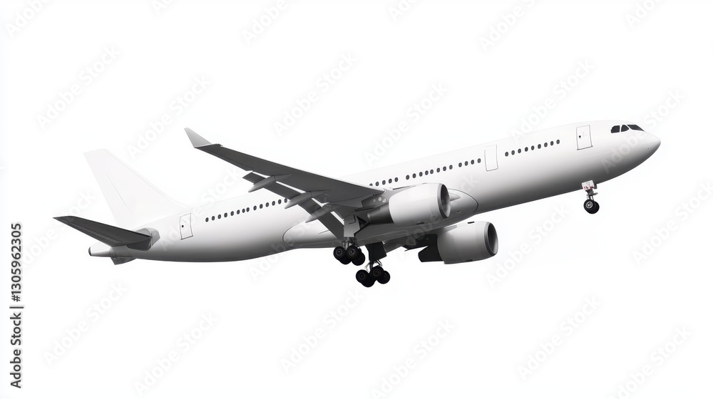 White commercial airplane in dynamic ascent isolated on white, travel concept. White commercial airplane in dynamic ascent isolated on white, travel concept.