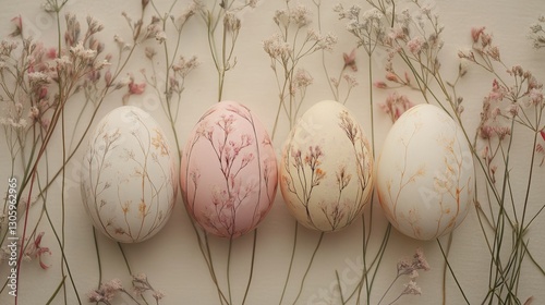 Delicate hand-painted pastel Easter eggs adorned with floral scenes in serene colors, lying amidst soft dried flowers photo