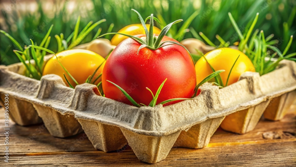 Red Tomato Yellow Grass Egg Carton Still Life Photography - High Depth of Field Macro Image