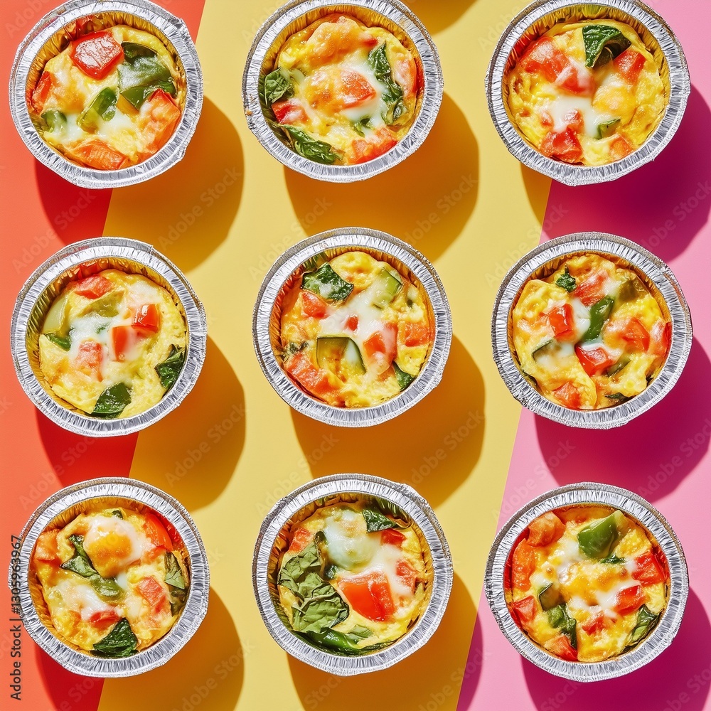 Mini egg casseroles with vegetables and cheese in foil containers, arranged in a geometric pattern, colorful background. Ideal for food blogs, meal prep concepts, restaurant menus, or modern culinary Mini egg casseroles with vegetables and cheese in foil containers, arranged in a geometric pattern, colorful background. Ideal for food blogs, meal prep concepts, restaurant menus, or modern culinary