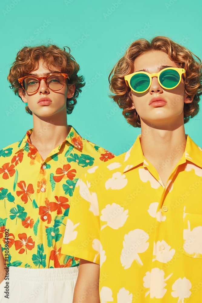 Obraz premium Trendy Retro Fashion: Stylish Men in Colorful Floral Shirts and Sunglasses