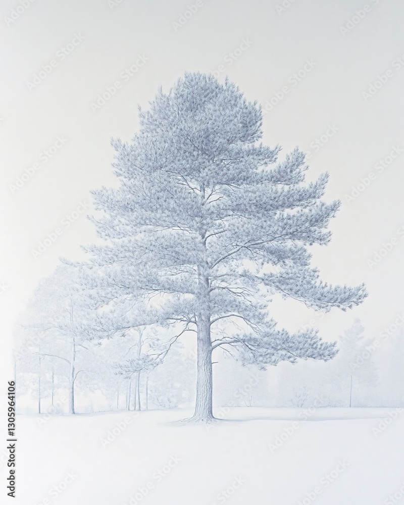 Fototapeta premium Solitary pine tree in snowy landscape; winter scene