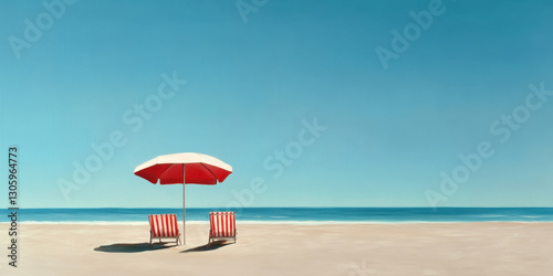 Escape to Paradise: Sun-kissed serenity with a vibrant red beach umbrella and striped chairs on a pristine sandy shore, inviting relaxation under the vast blue sky.