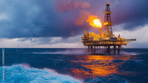 Offshore oil rigs at dusk, illuminated by methane flares while storm waves pound their steel foundations v2