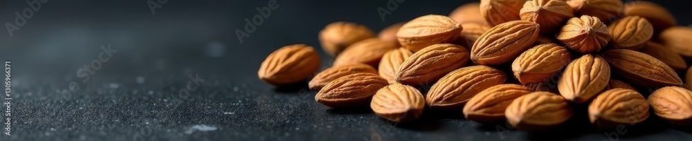 Heap of almonds on textured black surface, ample space, dark, rustic, food Heap of almonds on textured black surface, ample space, dark, rustic, food