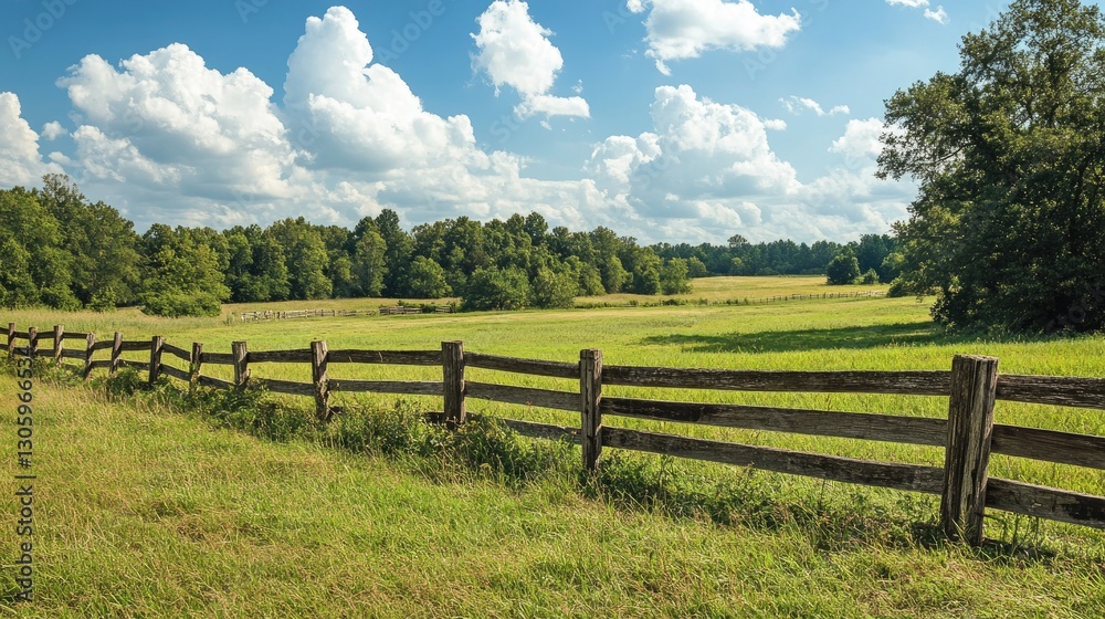 A charming wooden fence along a rural field, with text space in the upper right corner, evoking the essence of farm life A charming wooden fence along a rural field, with text space in the upper right corner, evoking the essence of farm life