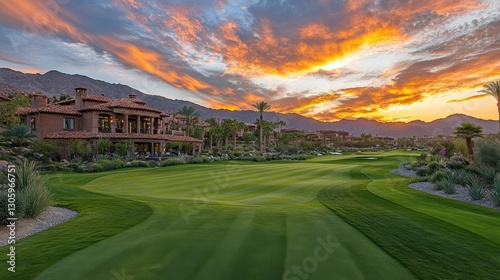 Stunning sunset over luxury homes and golf course. Ideal for real estate, travel, and luxury lifestyle projects.