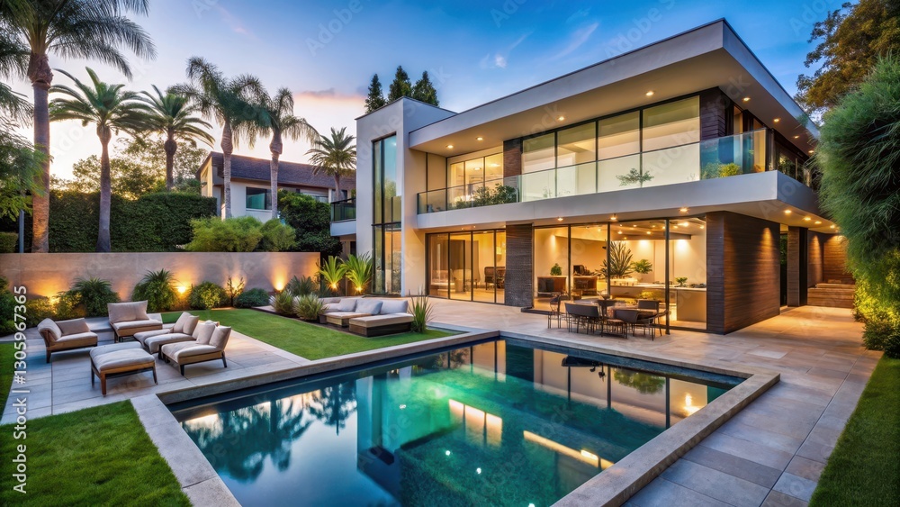 Obraz premium Modern luxury home with sprawling backyard and sparkling pool surrounded by lush greenery in LA's exclusive neighborhood, Los Angeles Architecture, California Dream Homes