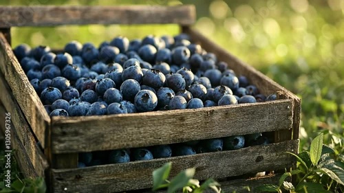 Fresh blueberries in wooden crate outdoors.  Perfect for use in a fruit basket or healthy meal