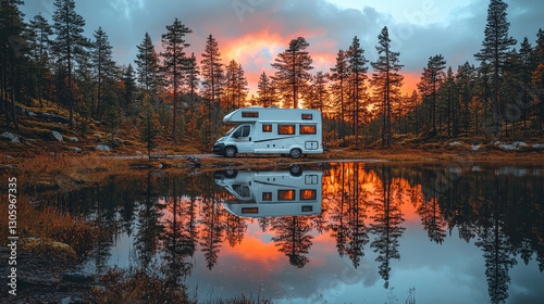 Motorhome at Sunset: A white motorhome is parked by a calm lake, its reflection mirrored perfectly in the still water. A breathtaking sunset casts vibrant colors across the sky.