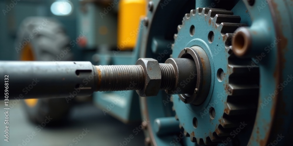 Fototapeta premium Close-up of a weathered industrial machine component, featuring a rusty gear and a large bolt
