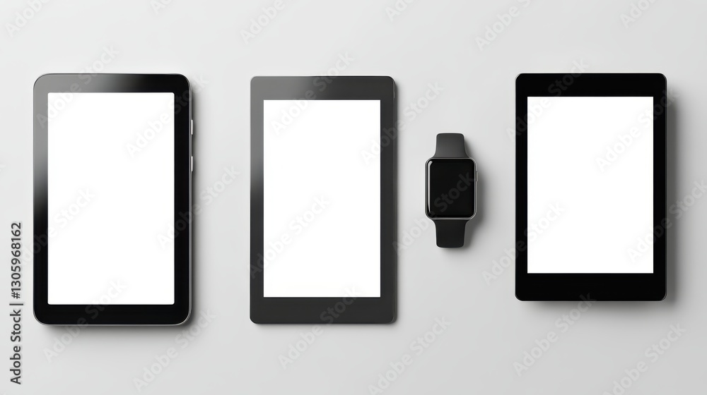 Modern tablet, smartphone, and smartwatch with blank screens on light background Modern tablet, smartphone, and smartwatch with blank screens on light background