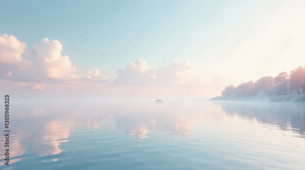 Fototapeta premium Serene Waters Reflecting a Pastel Dawn Sky, Misty Shoreline with Silhouetted Trees