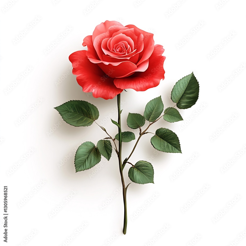 Obraz premium Single red rose, stem, leaves, white background; romantic, greeting card