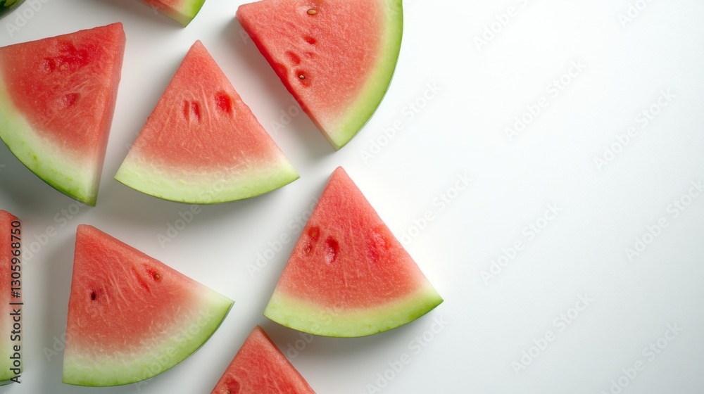 Watermelon slices arranged on white surface Watermelon slices arranged on white surface