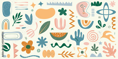 Big set of hand drawn various shapes and doodle objects. Abstract contemporary modern trendy vector illustration. All elements are isolated