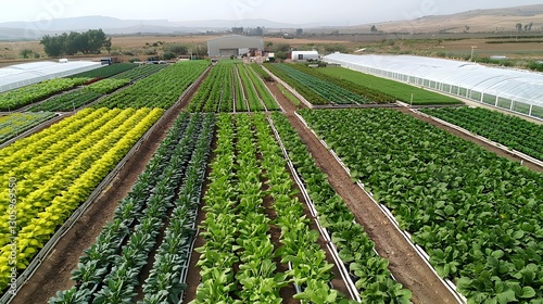 Overhead drone shot of a large scale greenhouse complex with geometric symmetry and meticulously organized rows of various crops vegetables