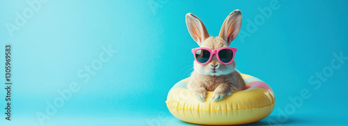 Cool Bunny: A whimsical bunny sporting stylish sunglasses relaxes inside an inflatable ring against a vibrant turquoise backdrop, exuding summer fun.