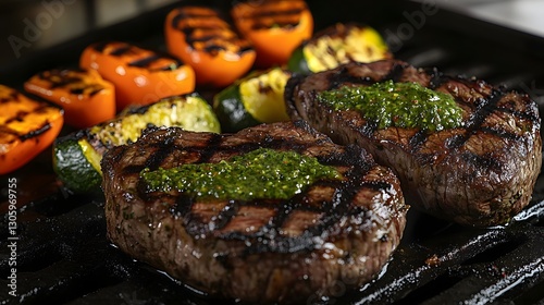 Grilled Steak with Herb Marinade on Rustic Plate with Roasted Veggies