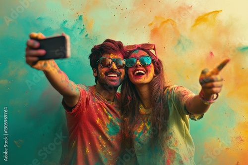 Holi Rang Panchami Portrait of Indian Couple man and woman enjoying in color powder in air surrounding environment, festive wedding couple. happy, dancing, bride groom, Festival of colors, candid