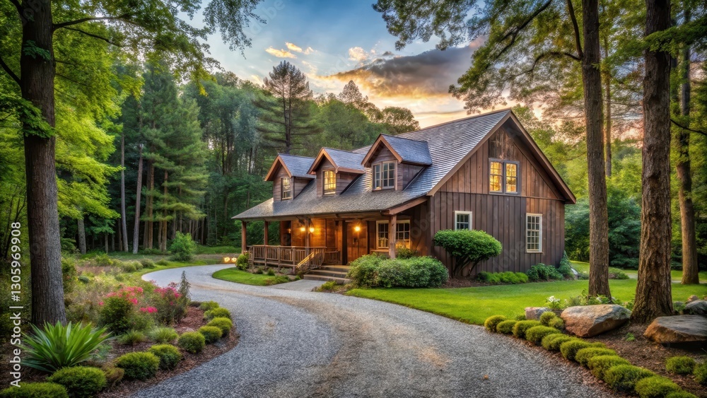 Rustic farmhouse with a winding gravel driveway leading to a serene and secluded retreat surrounded by trees and lush greenery, rustic decor, rural retreat Rustic farmhouse with a winding gravel driveway leading to a serene and secluded retreat surrounded by trees and lush greenery, rustic decor, rural retreat