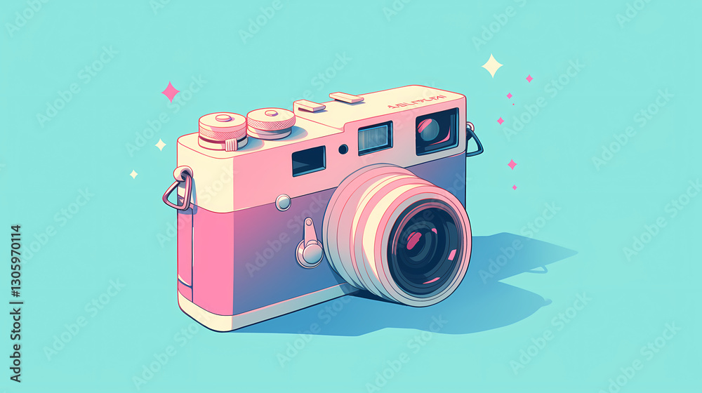 Fototapeta premium A vibrant retro camera with a pastel color scheme, set against a bright blue background with sparkles
