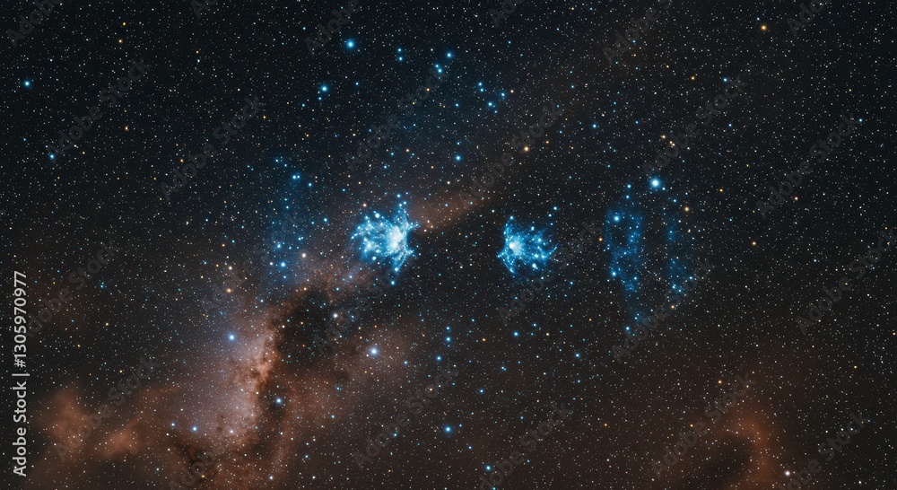 Obraz premium Celestial Tapestry: Captivating view of a cluster of vibrant blue stars and cosmic clouds shimmering in the infinite dark of space, evoking a sense of awe and wonder.