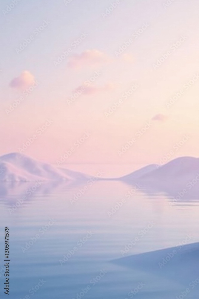 Fototapeta premium Serene Pastel Landscape Soft Hills Reflecting in a Calm, Misty Lake at Dawn