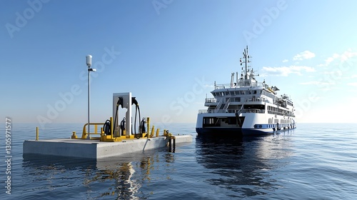 photo of a passenger ferry boat refueling at a dockside fuel pump with the upper decks and superstructure visible against a clear blue sky and calm waters