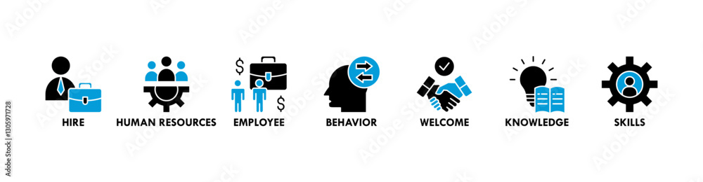 Onboarding Vector illustration concept banner with icons of hire, human resources, employee, behavior, welcome, knowledge and skills Onboarding Vector illustration concept banner with icons of hire, human resources, employee, behavior, welcome, knowledge and skills