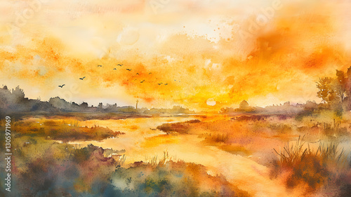 sunset watercolor texture with soft yellow and coral hues 