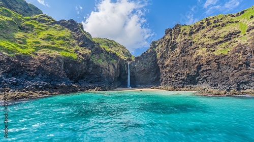 Hidden Waterfall cascading into a Secluded Turquoise Cove