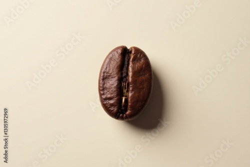 A single roasted coffee bean, rich brown in color, rests on a neutral background, showcasing its detailed texture and subtle shadow.