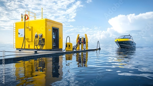 photograph of a speedboat being refueled at a calm water fuel dock with the boat s reflection visible in the tranquil surface photo