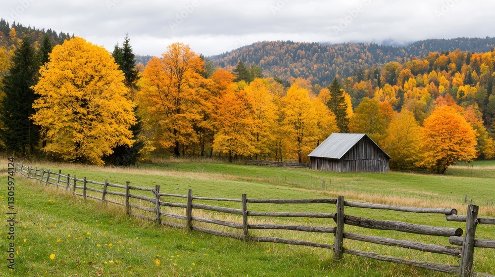 Autumn landscape with a wooden barn and a fence in the foreground. Colorful trees in the background. Concept of nature, landscape, and autumn. Autumn landscape with a wooden barn and a fence in the foreground. Colorful trees in the background. Concept of nature, landscape, and autumn.