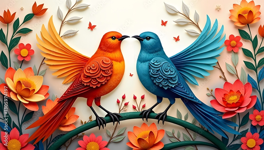 Obraz premium exotic birds, bird illustration, paper cut art, tropical flowers, vibrant colors, digital art, aesthetic design, bird wallpaper, floral background, nature illustration