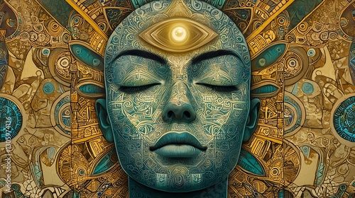 Mystic Face, Ornate Design, Golden Background