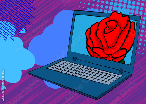 Cartoon Laptop, comic book Notebook with Red Rose. Retro vector comics pop art design.