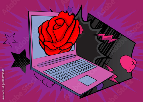 Cartoon Laptop, comic book Notebook with Red Rose. Retro vector comics pop art design.