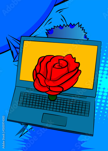 Cartoon Laptop, comic book Notebook with Red Rose. Retro vector comics pop art design.