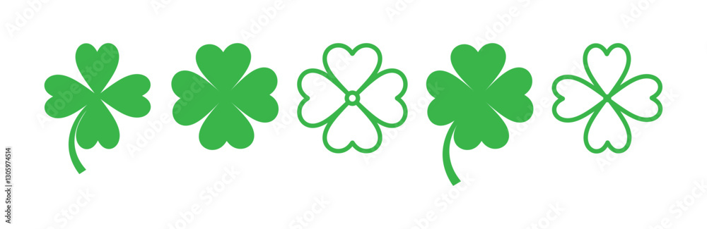 Icon set of four leaf clover flower. Simple flat design vector illustrations, isolated on white baclground. Concept of Irish St Patrick's Day Icon set of four leaf clover flower. Simple flat design vector illustrations, isolated on white baclground. Concept of Irish St Patrick's Day