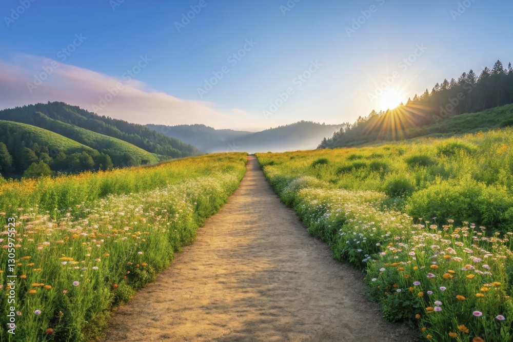 Naklejka premium A picturesque hiking path lined with blooming wildflowers, inviting adventurers to explore under a bright sun.