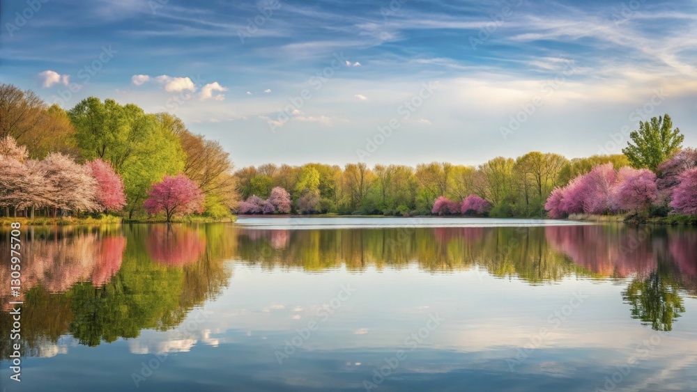 A serene lakeside view during spring, with trees in bloom reflecting on the water's surface under a clear sky. A serene lakeside view during spring, with trees in bloom reflecting on the water's surface under a clear sky.