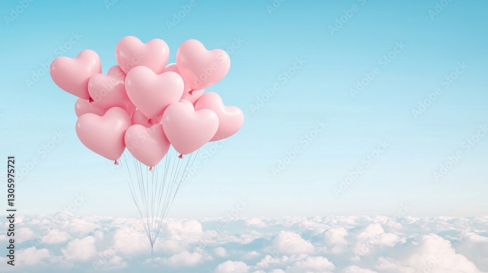 Obraz premium Pink heart balloons floating above the clouds. Concept of love, Valentine's Day, and romance.