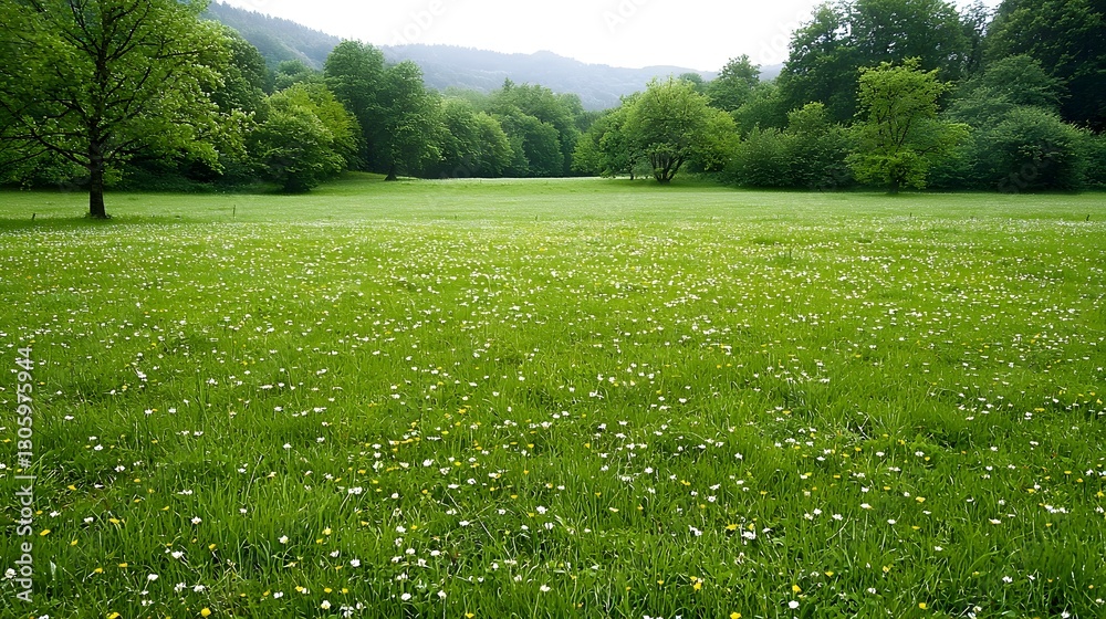 Fototapeta premium Serene Morning Stroll Through Dew Covered Summer Meadow A Peaceful Escape into the Lush Vibrant Landscape of a Tranquil Rural Countryside