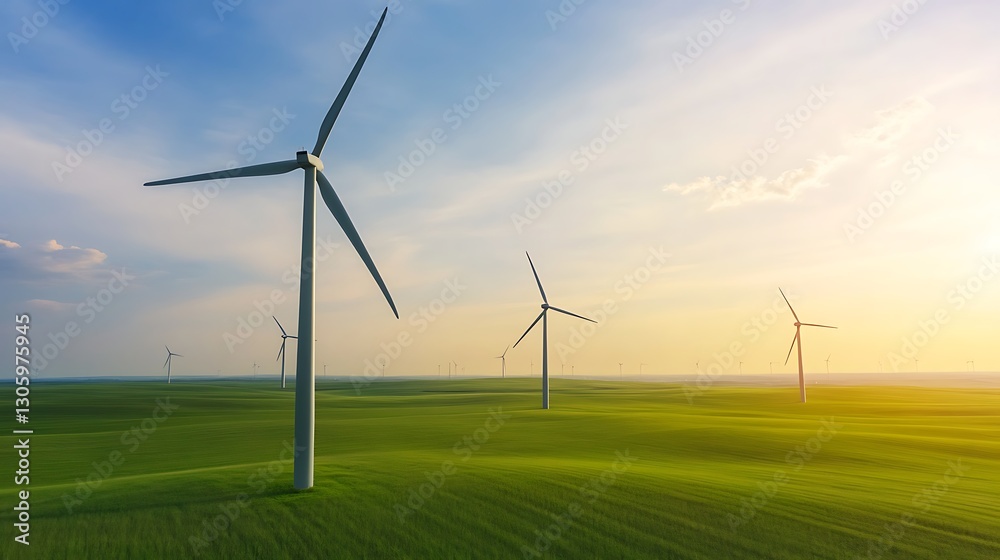 A modern wind turbine stands tall in a lush green field under a clear sky, showcasing renewable energy in nature.