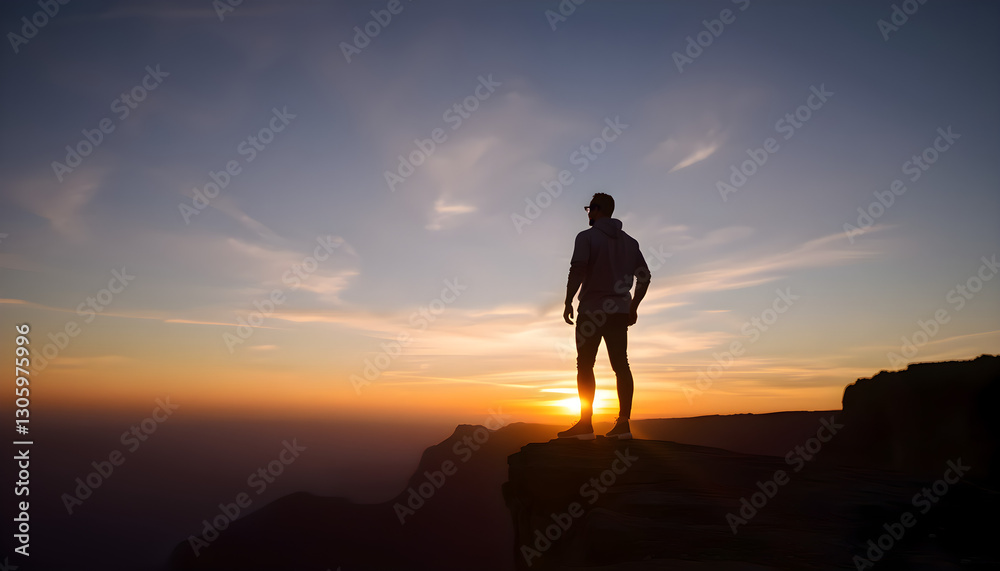 Obraz premium Man standing on top of cliff at sunset