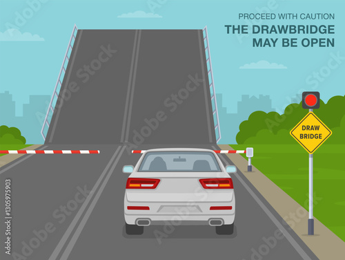 Safe driving tips and traffic regulation rules. Car stopped at the gates, while drawbridge opens. Back view. Proceed with caution, the bridge may be open. Flat vector illustration template.