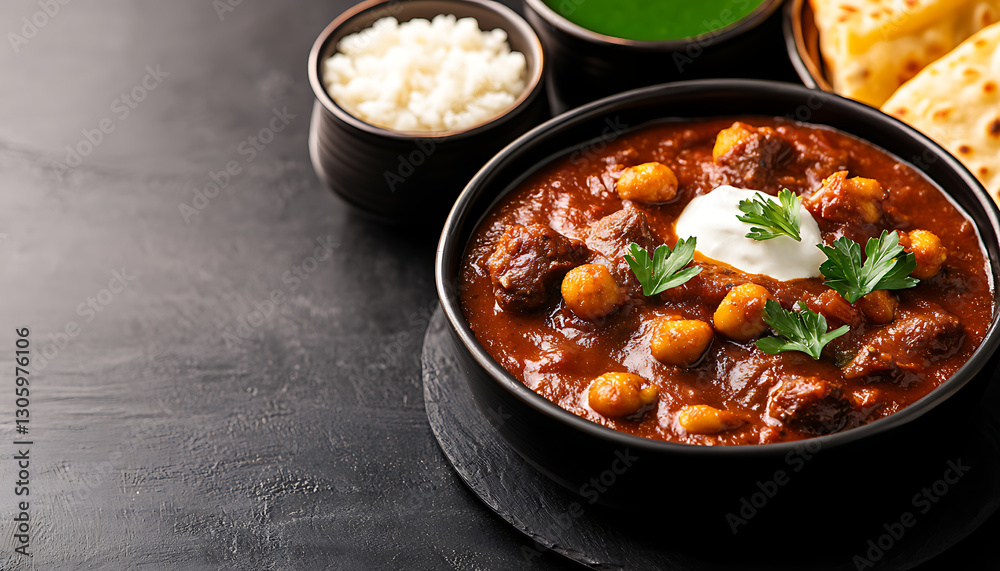 Delicious multicultural food featuring rich curry with rice, bread, and sauces